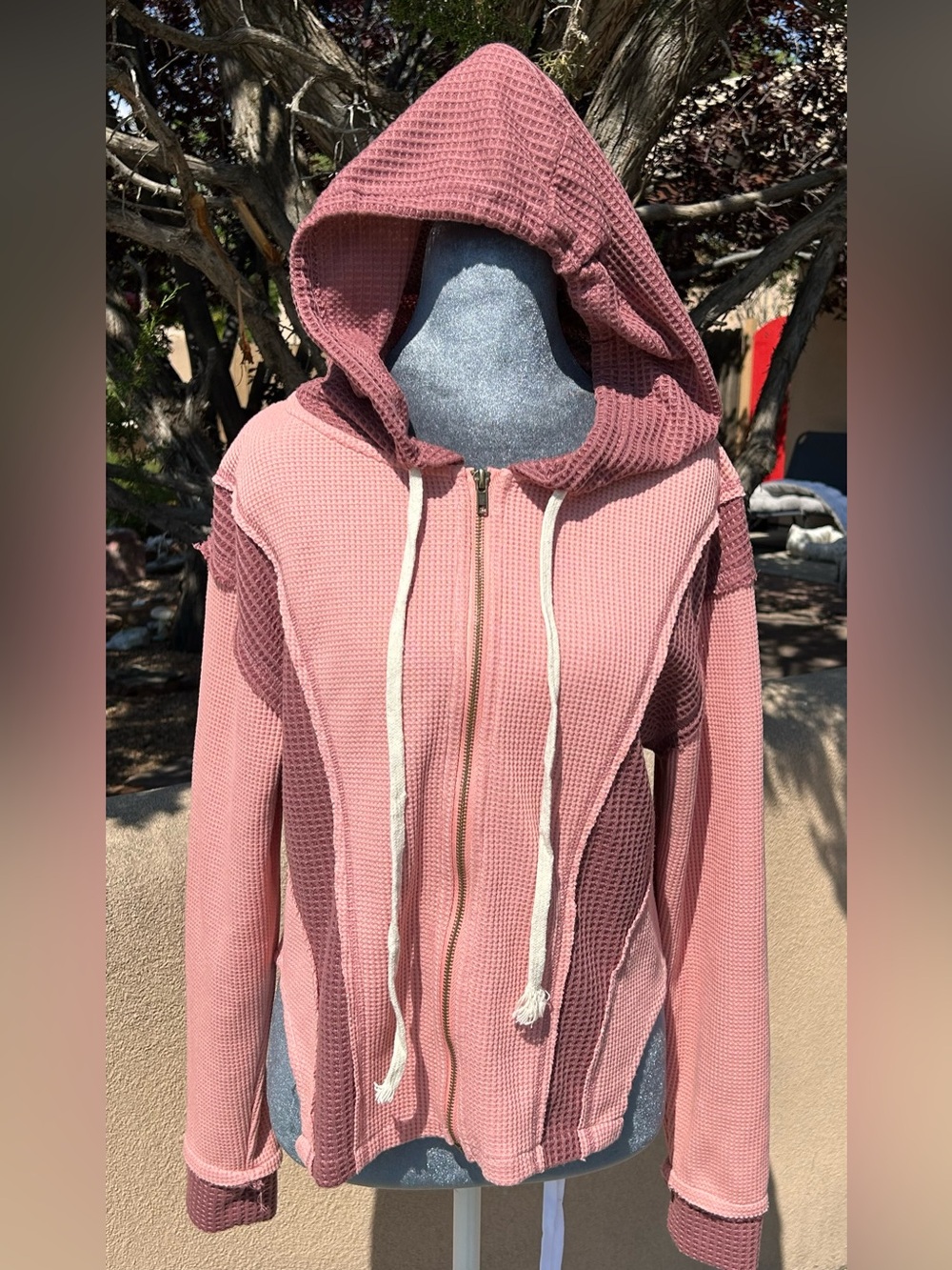 POL Waffle Knit Pink Zip Hoodie with Hood and Drawstrings